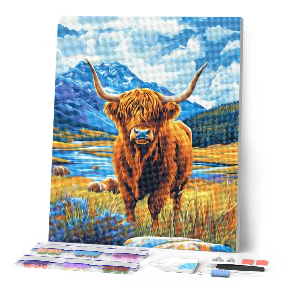 Figured'Art Schotse Hooglander bij het meer diamond painting 40x50 cm