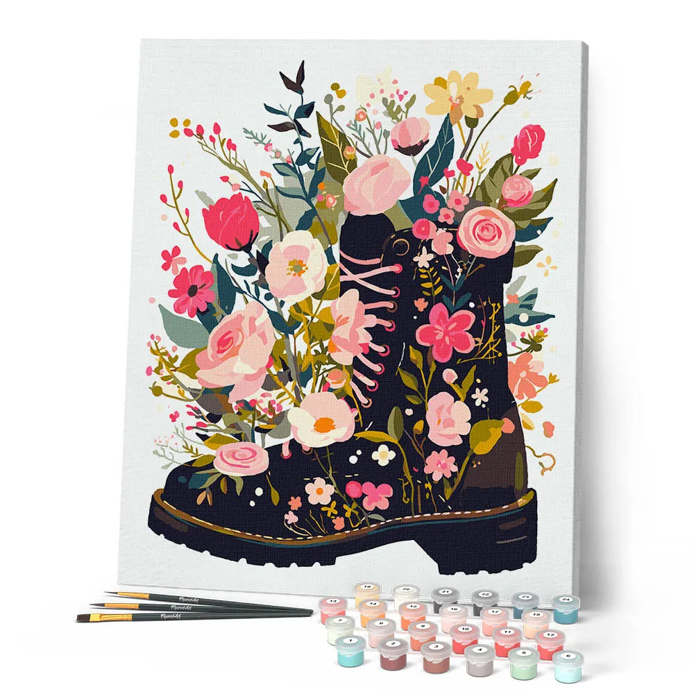 Figured'Art Laarzen met wilde bloemen schilderen op nummer 40x50