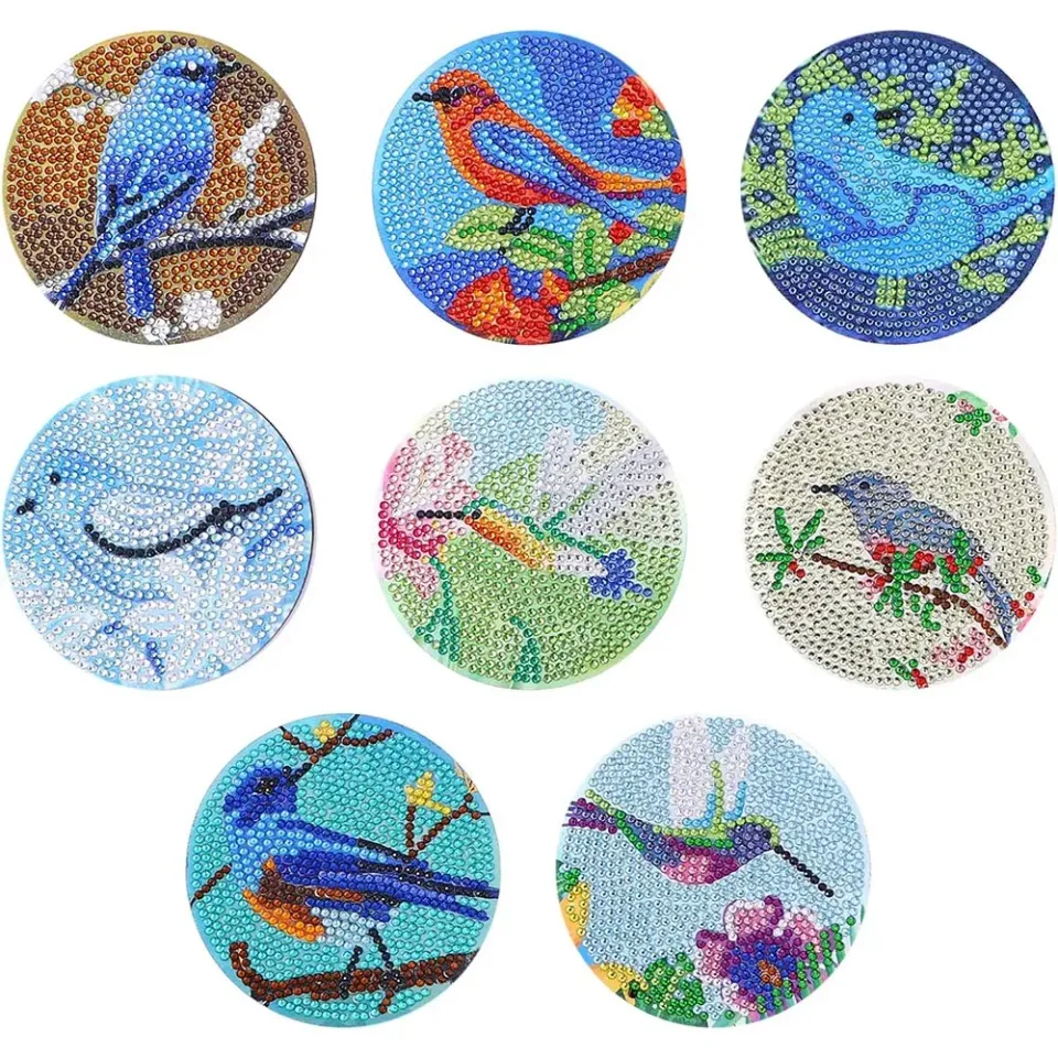 Figured'Art Vogels diamond painting onderzetters 10x10cm 8 stuks