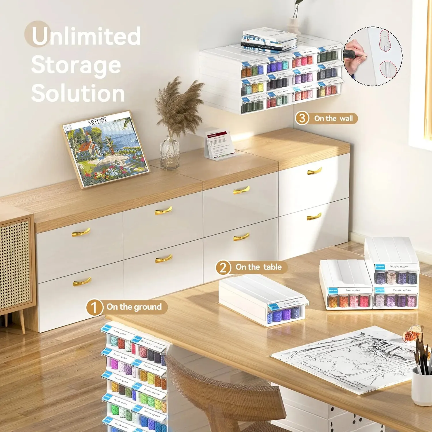 ARTDOT Diamond Art opbergbox 2 laden 64 flessen rond acryl