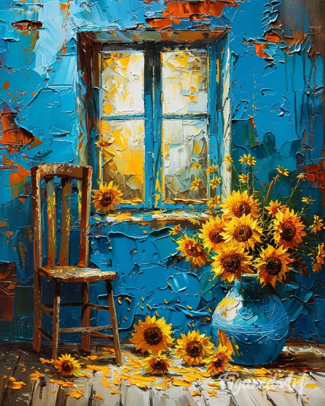 Figured'Art Zonnebloemen bij het blauwe raam schilderen op nummer 40x50 cm stilleven