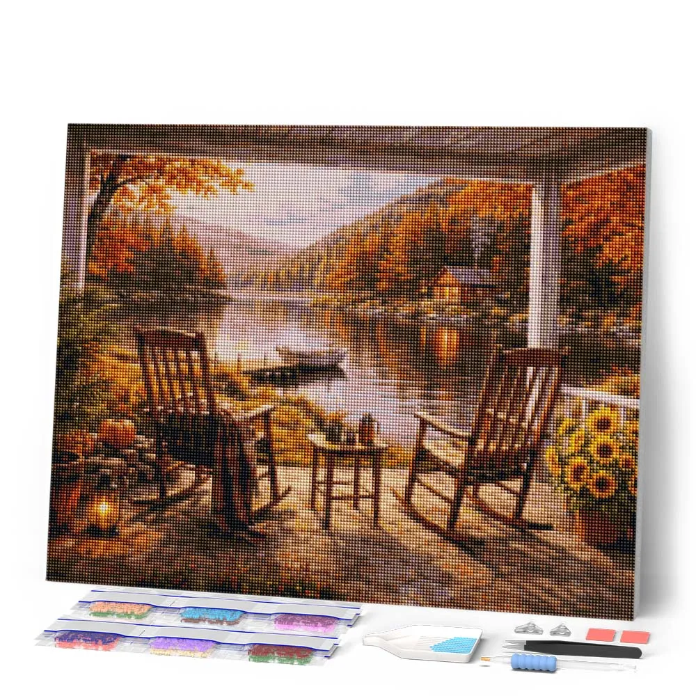 Figured'Art Herfstig toevluchtsoord aan het meer diamond painting 40x50 cm vierkant
