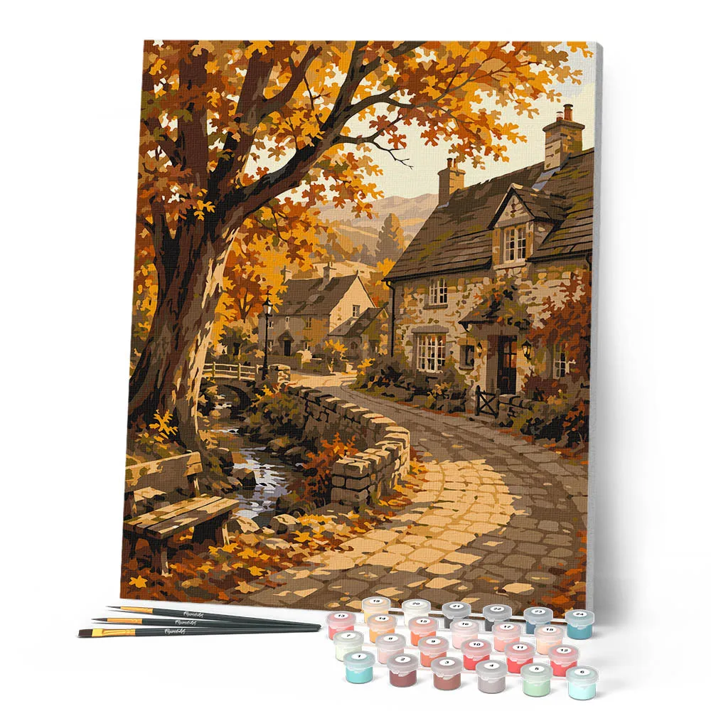 Figured'Art Herfstdorp Pad canvas schilderen op nummer 40x50 cm herfst