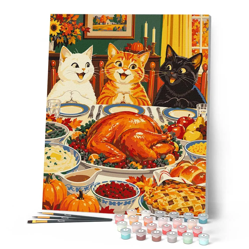 Figured'Art Thanksgiving Katten aan Tafel schilderen op nummer 40x50 cm