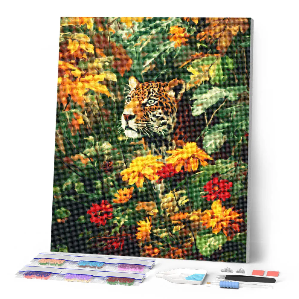 Figured'Art Luipaard in de herfst diamond painting 40x50 cm rond