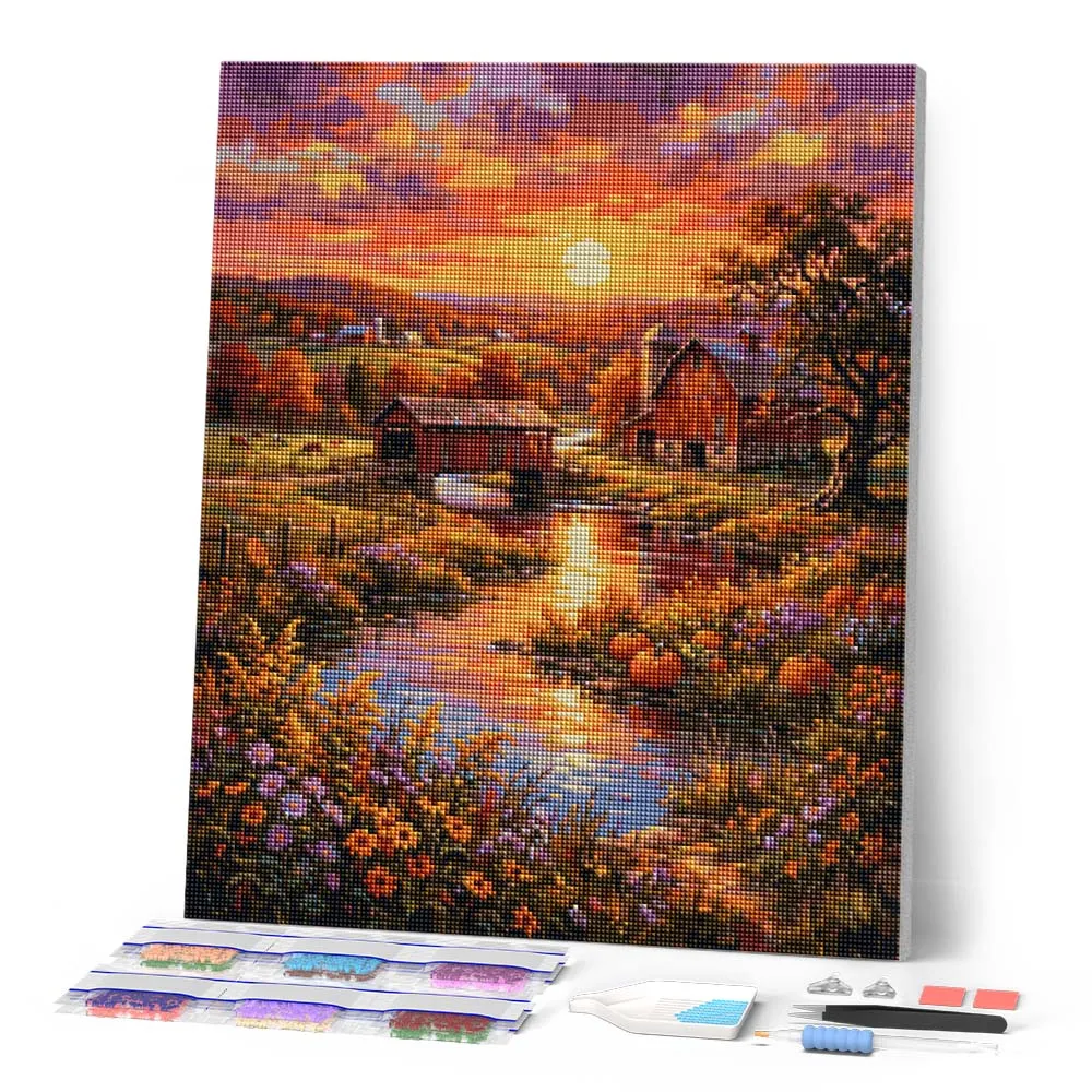 Figured'Art Boerderijvallei bij zonsondergang diamond painting 40x50 cm
