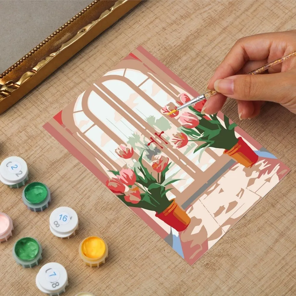 Figured'Art Mini Bloeiend Venster schilderen op nummer 16,5x11cm ingelijst bloemen