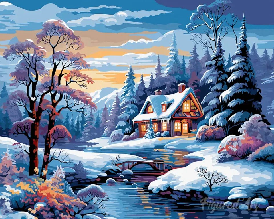 Figured'Art Diamond Painting Winterhuisje Rivier 40x50 ingelijst