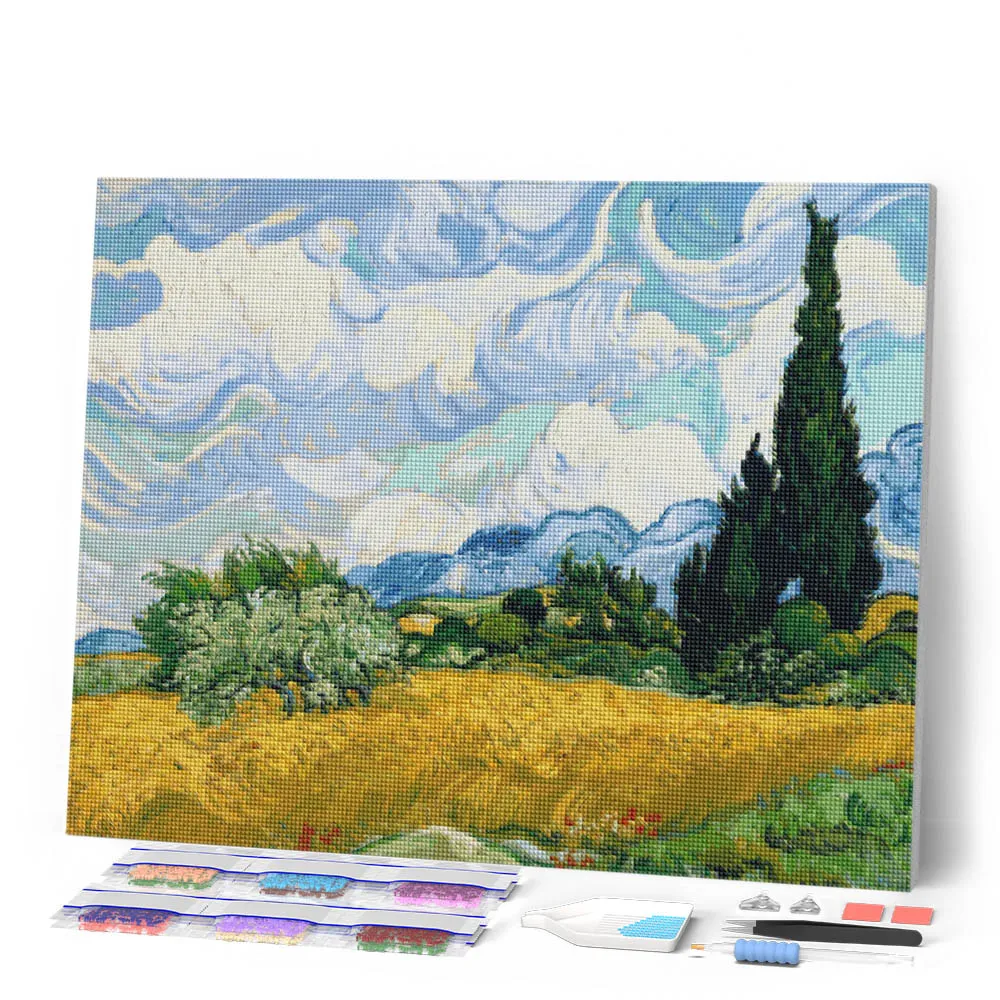 Figured'Art Tarweveld met cipressen Van Gogh diamond painting 40x50cm