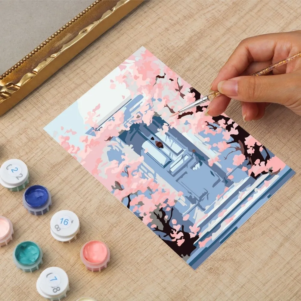 Figured'Art Bloesems bij de Blauwe Deur schilderen op nummer 16,5x11cm lijst