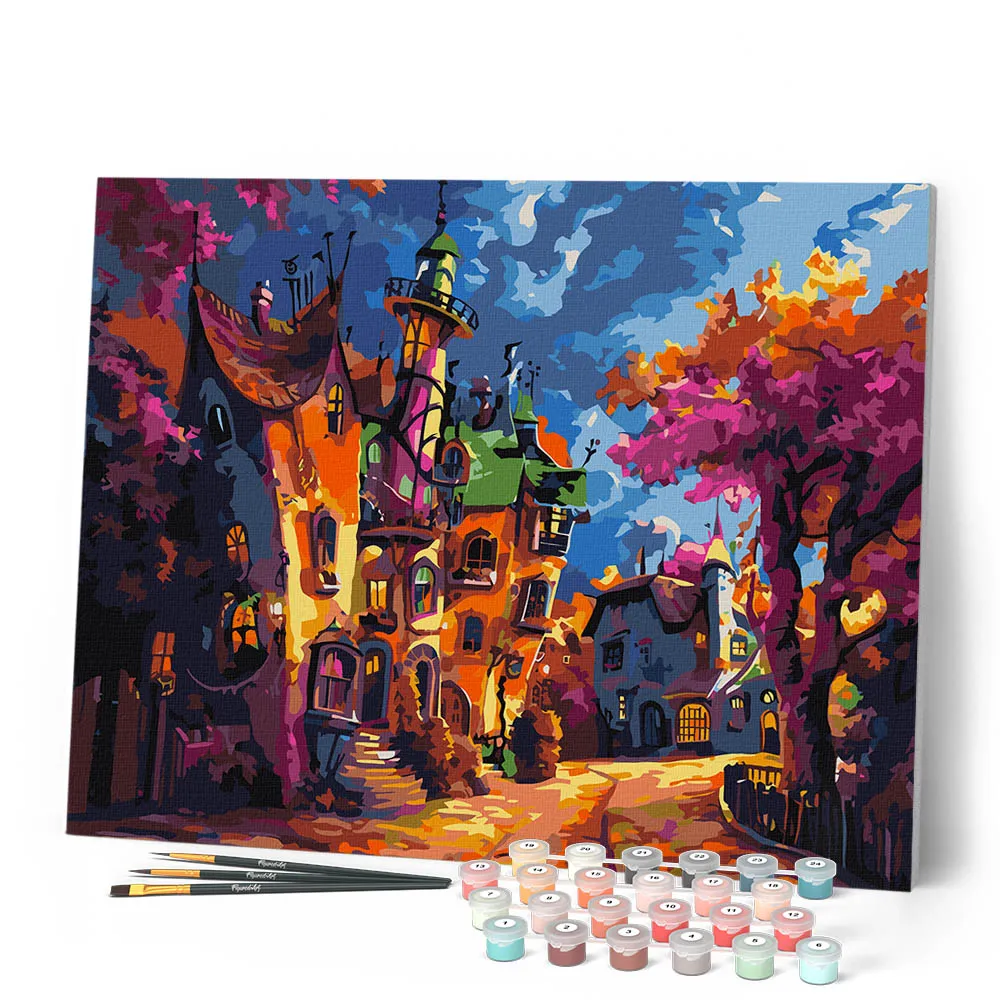 Figured'Art Fantasiedorp schemering schilderen op nummer 40x50cm