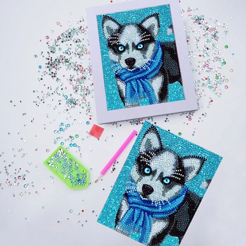 Figured'Art Husky diamond painting 15x20cm met lijst rond