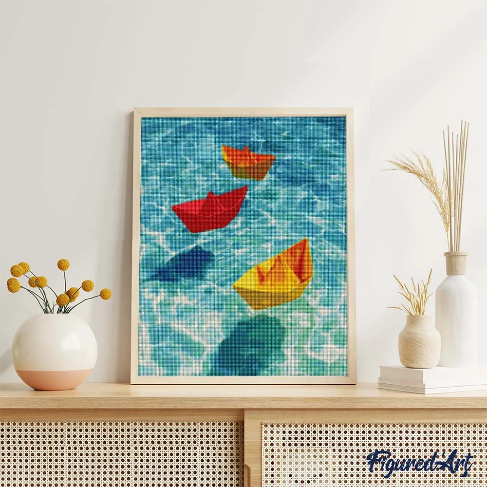Figured'Art Origamibootjes op blauw diamond painting 40x50cm vierkant