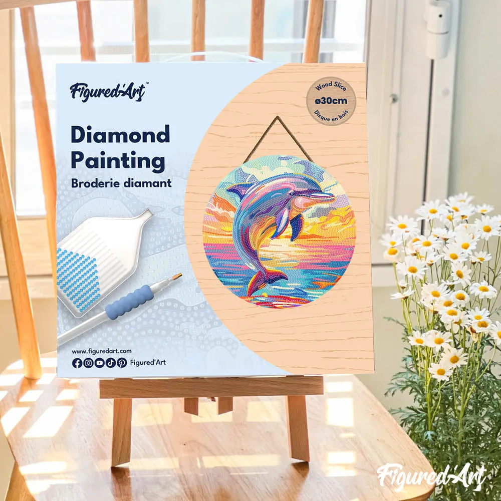 Figured'Art Dolfijn diamond painting op hout 30 cm rond