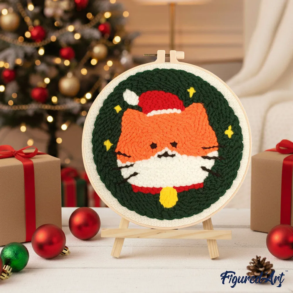 Figured'Art Punch Needle pakket Kerstkat 20 cm wol