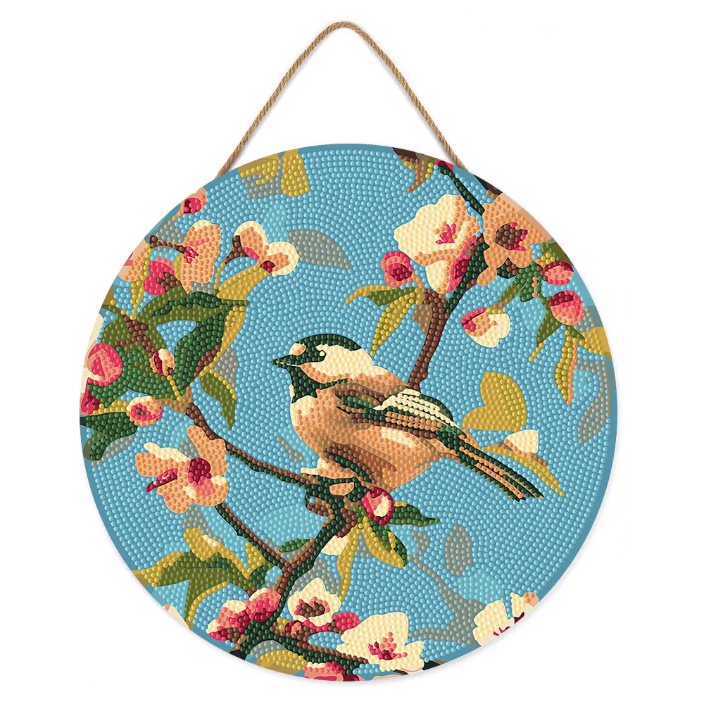 Figured'Art Vogel op een tak diamond painting houten schijf Ø30 rond