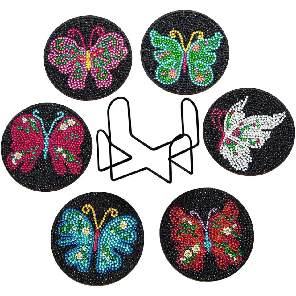 Figured'Art Zwarte Vlinders diamond painting onderzetters 10cm 6 stuks