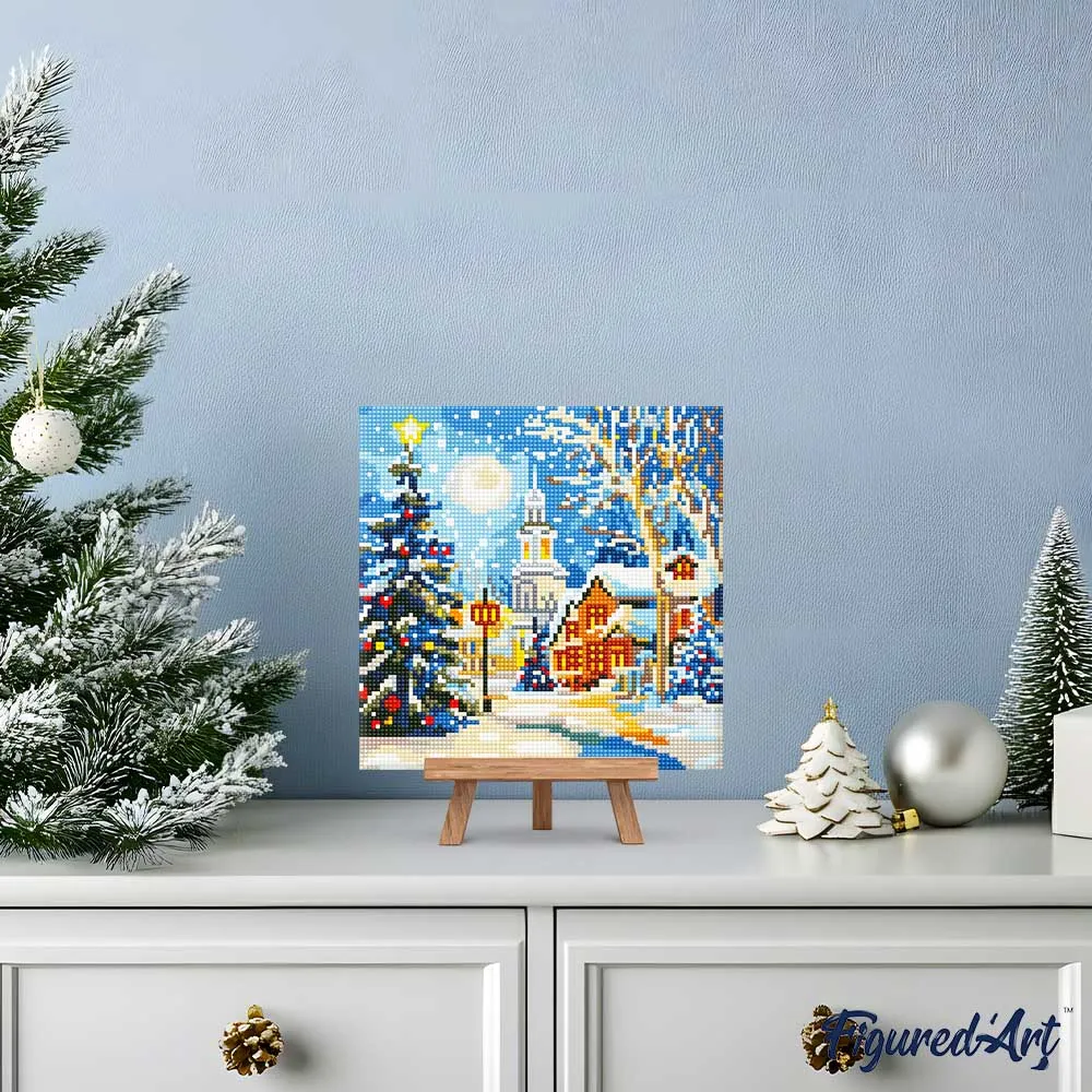 Figured'Art Besneeuwde kerststraat mini diamond painting 25x25 cm