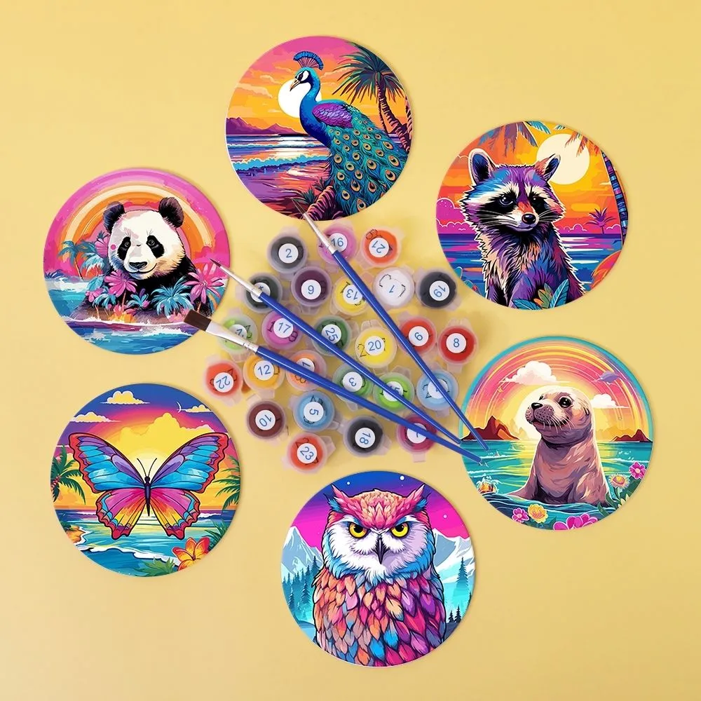 Figured'Art Fauna Serie Schilderen op Nummer Onderzetters 10cm Panda Dieren