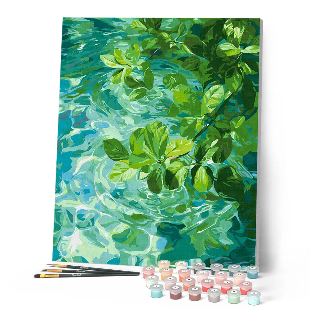 Figured'Art Bladeren op kristalhelder water schilderij op nummer 40x50