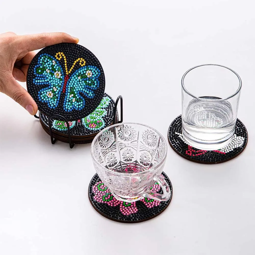 Figured'Art Zwarte Vlinders diamond painting onderzetters 10cm 6 stuks