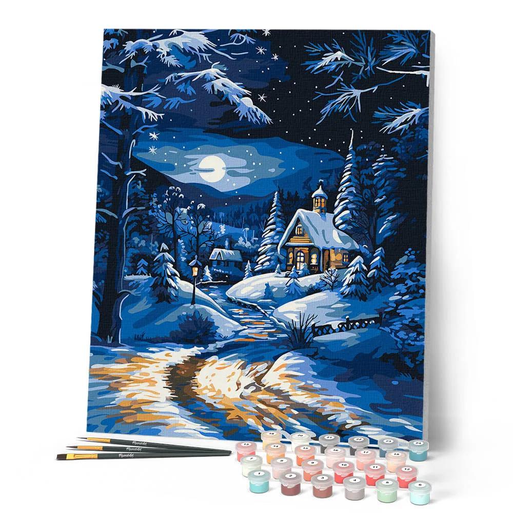 Figured'Art Winterhuisje bij Maanlicht schilderen op nummer 40x50cm