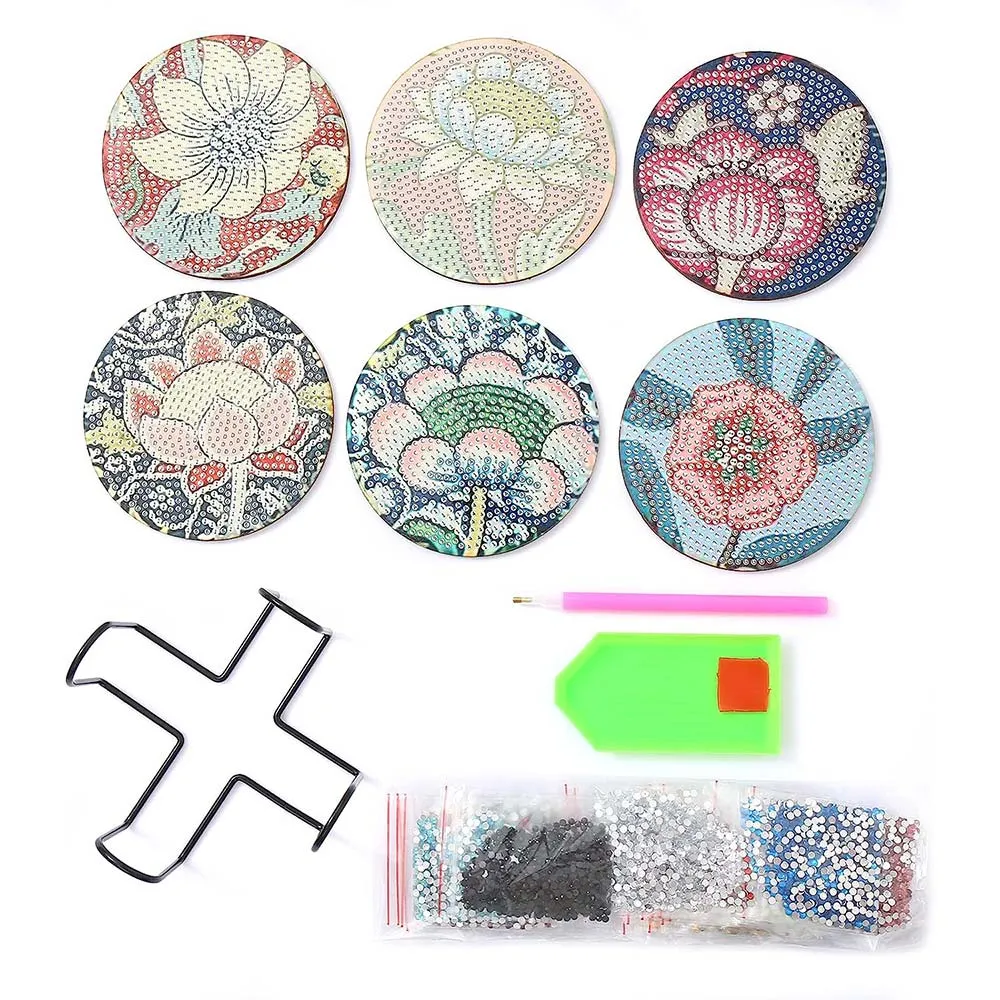 Figured'Art Bloemen Diamond Painting Onderzetters 10x10cm 6 Stuks