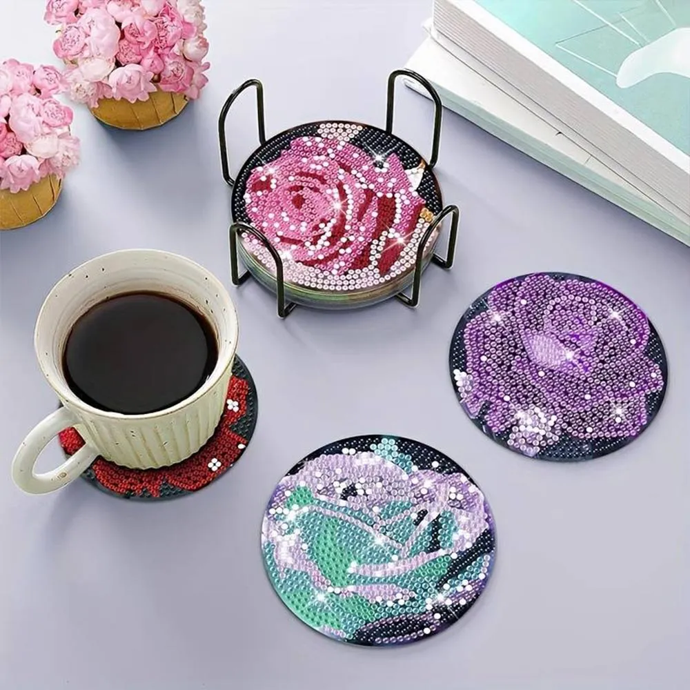 Figured'Art Gekleurde Rozen Onderzetters Diamond Painting 8st