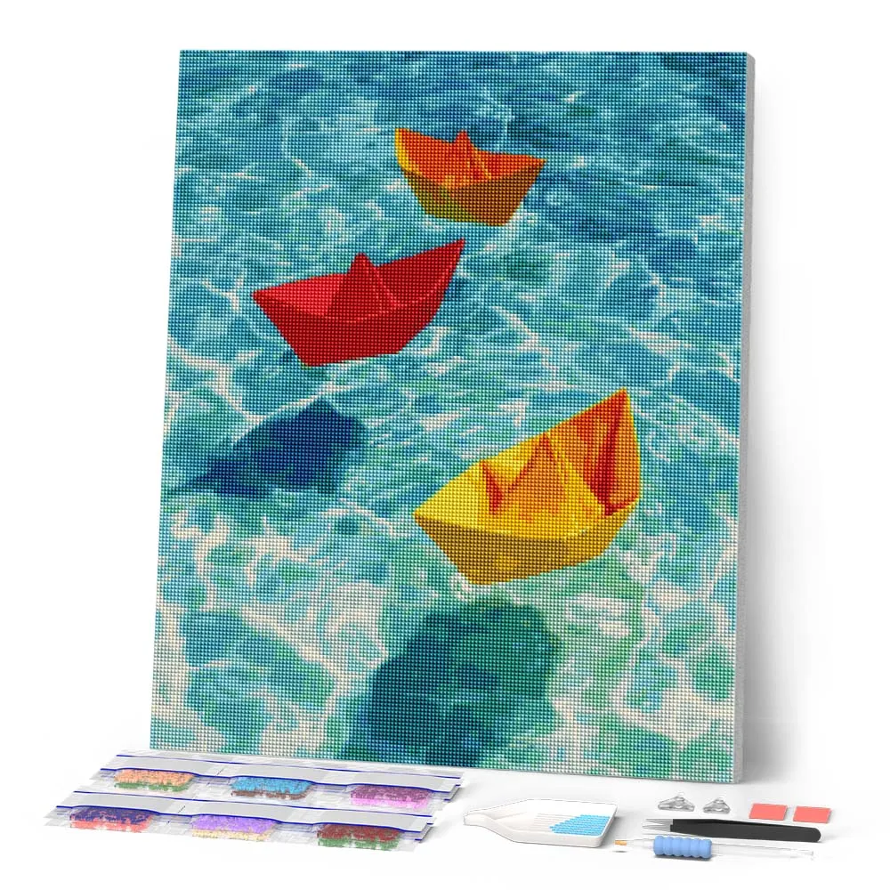 Figured'Art Origamibootjes op blauw diamond painting 40x50cm vierkant