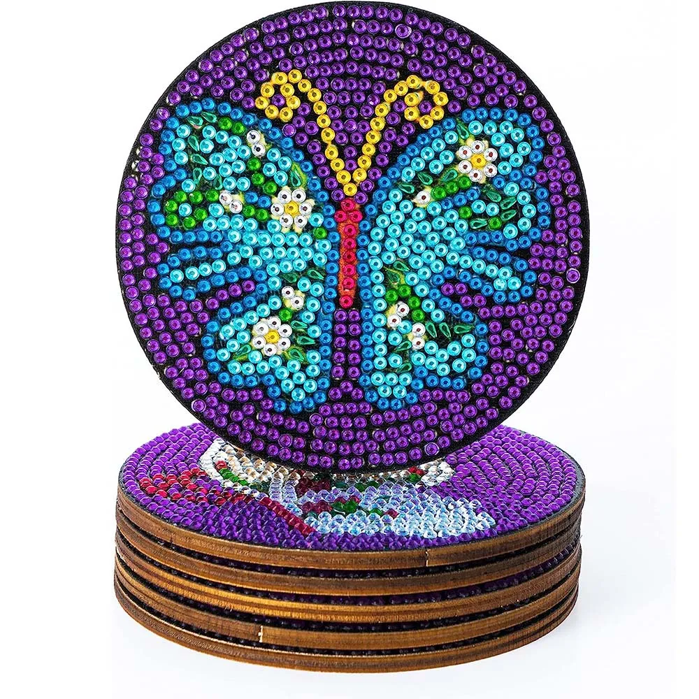 Figured'Art Paarse Vlinders onderzetters diamond painting 10 cm