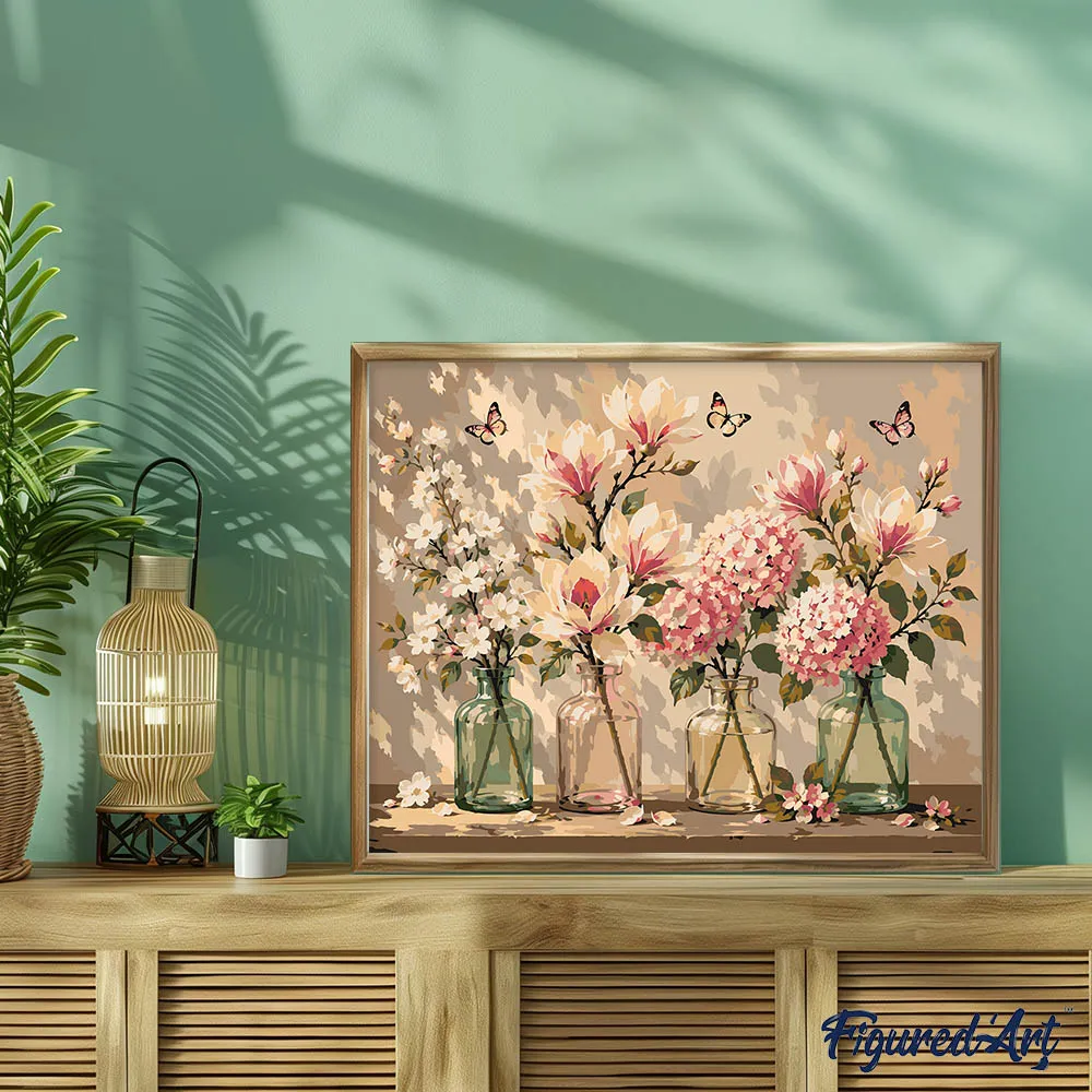 Figured'Art Magnolia en vlinders schilderen op nummer bloemen