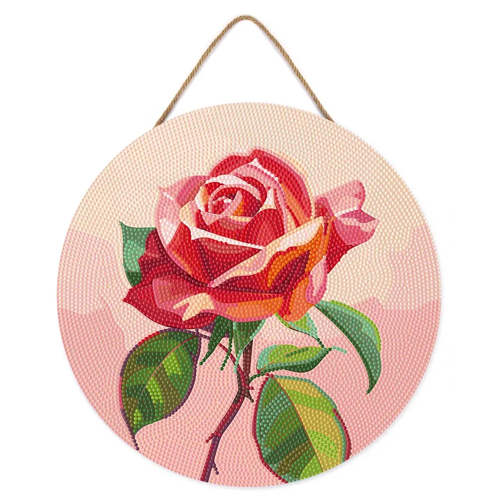 Figured'Art Rode roos diamond painting houten schijf 30 cm