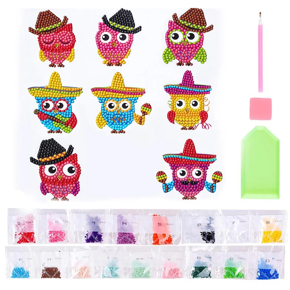 Figured'Art Uilen diamond painting stickers 8 stuks rond 6,1 cm