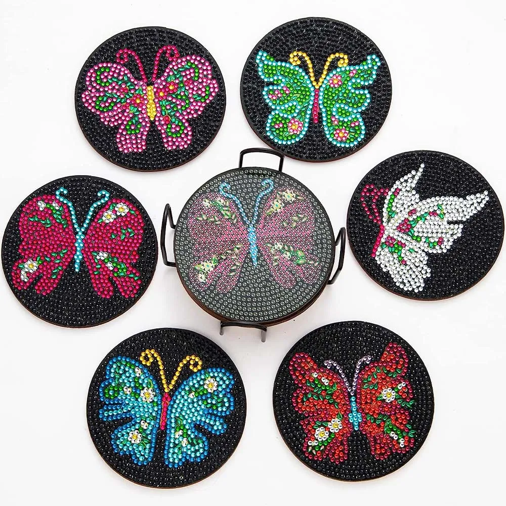 Figured'Art Zwarte Vlinders diamond painting onderzetters 10cm 6 stuks
