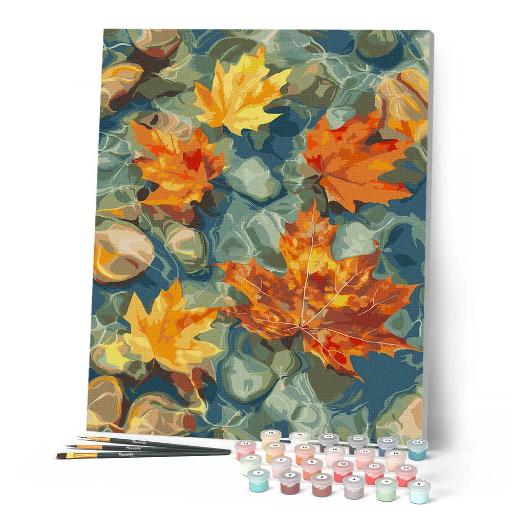 Figured'Art Amberbladeren op het water schilderen op nummer 40x50 gemiddeld