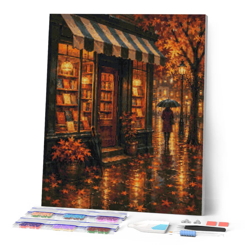 Figured'Art Regenachtige Herfstboekwinkel diamond painting 40x50 herfst