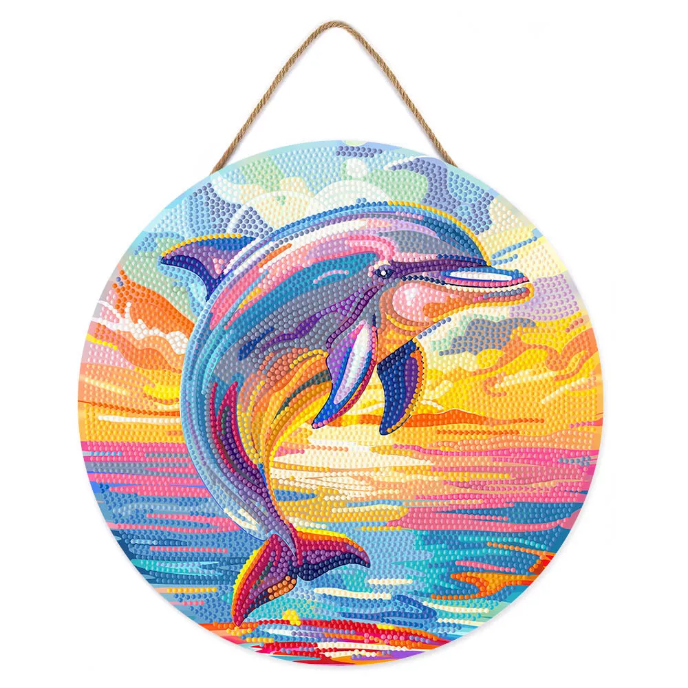 Figured'Art Dolfijn diamond painting op hout 30 cm rond