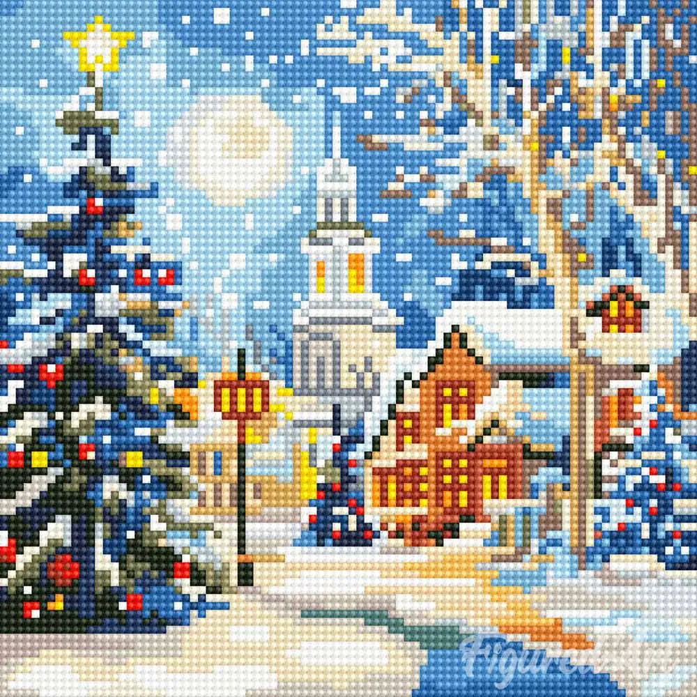 Figured'Art Besneeuwde kerststraat mini diamond painting 25x25 cm