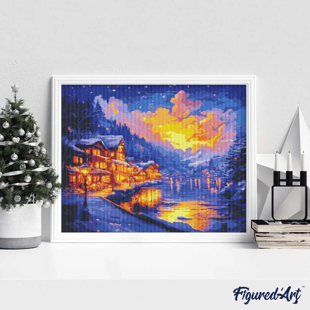 Figured'Art Verlicht Dorp aan het Meer diamond painting 40x50