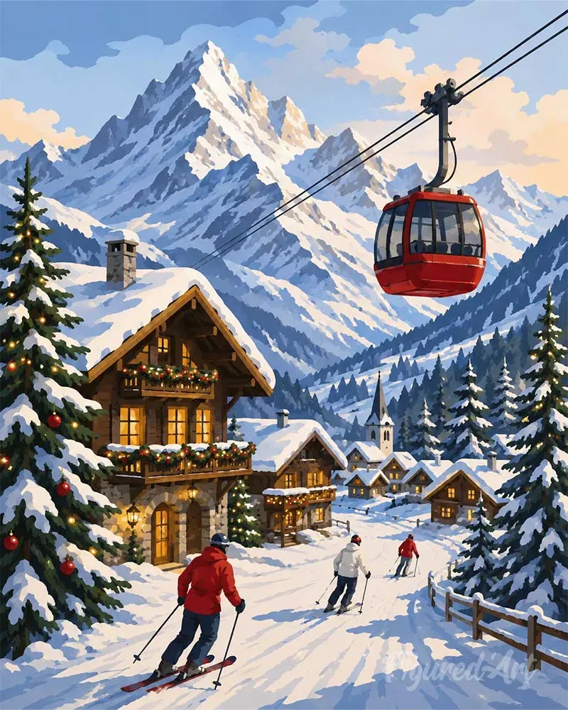 Figured'Art Wintervakantie in de Alpen diamond painting 40x50 cm vierkant