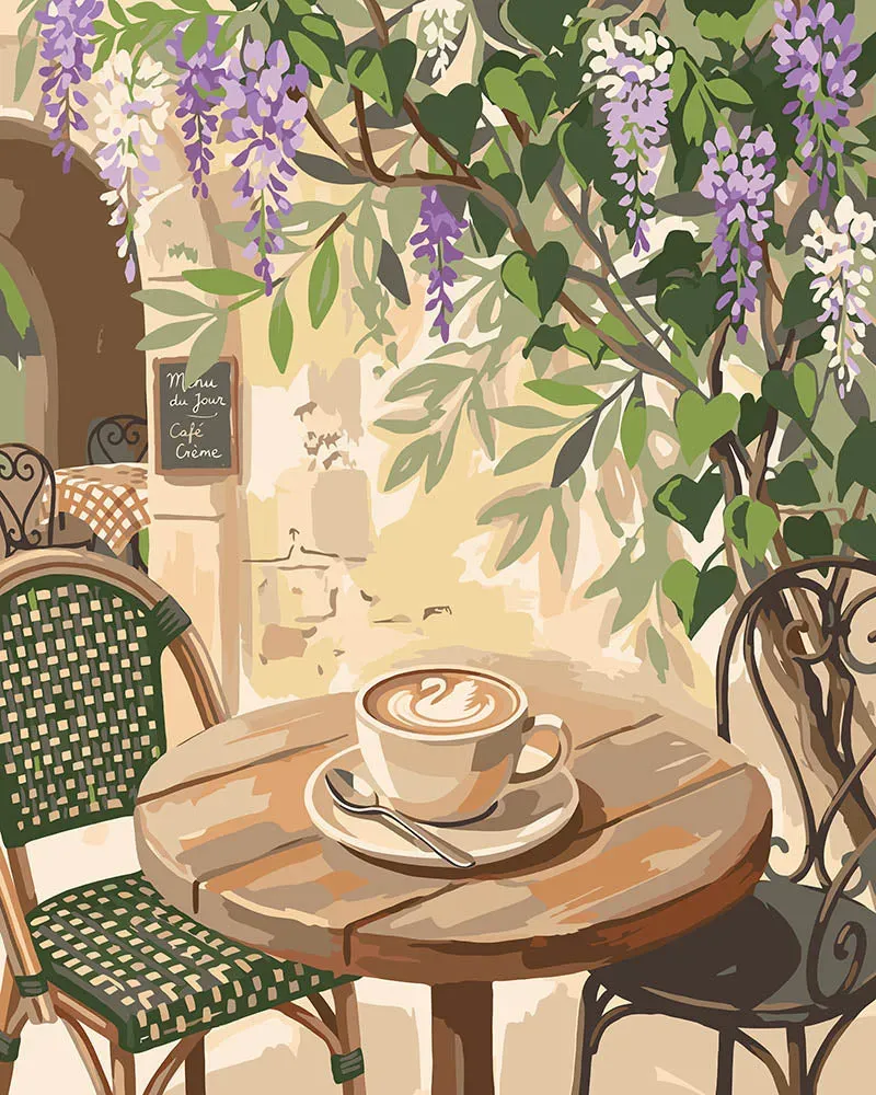 Figured'Art Schilderen op Nummer Koffie en blauwe regen 40x50 cm bloemen