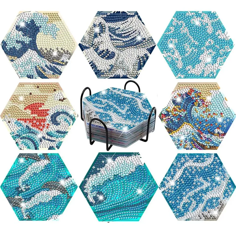Figured'Art Watergolven diamond painting onderzetters 8 stuks kurk