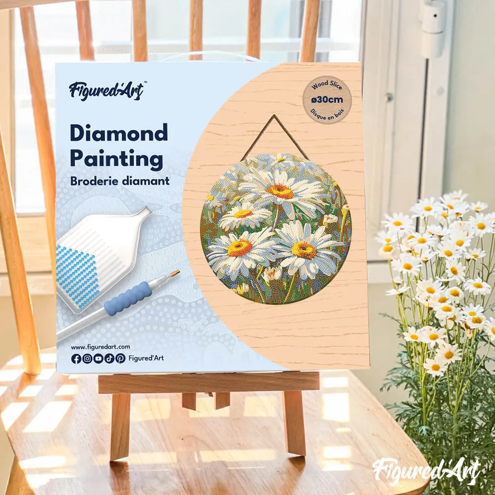 Figured'Art Madeliefjes diamond painting hout 30 cm rond full drill