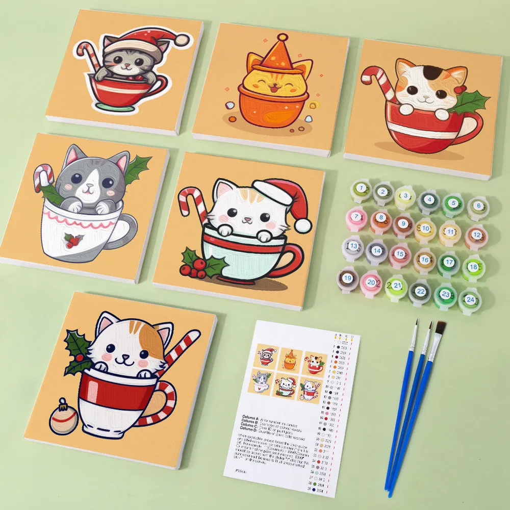 Figured'Art Mini Schilderen op nummer 15x15cm 6 stuks kerstkatten