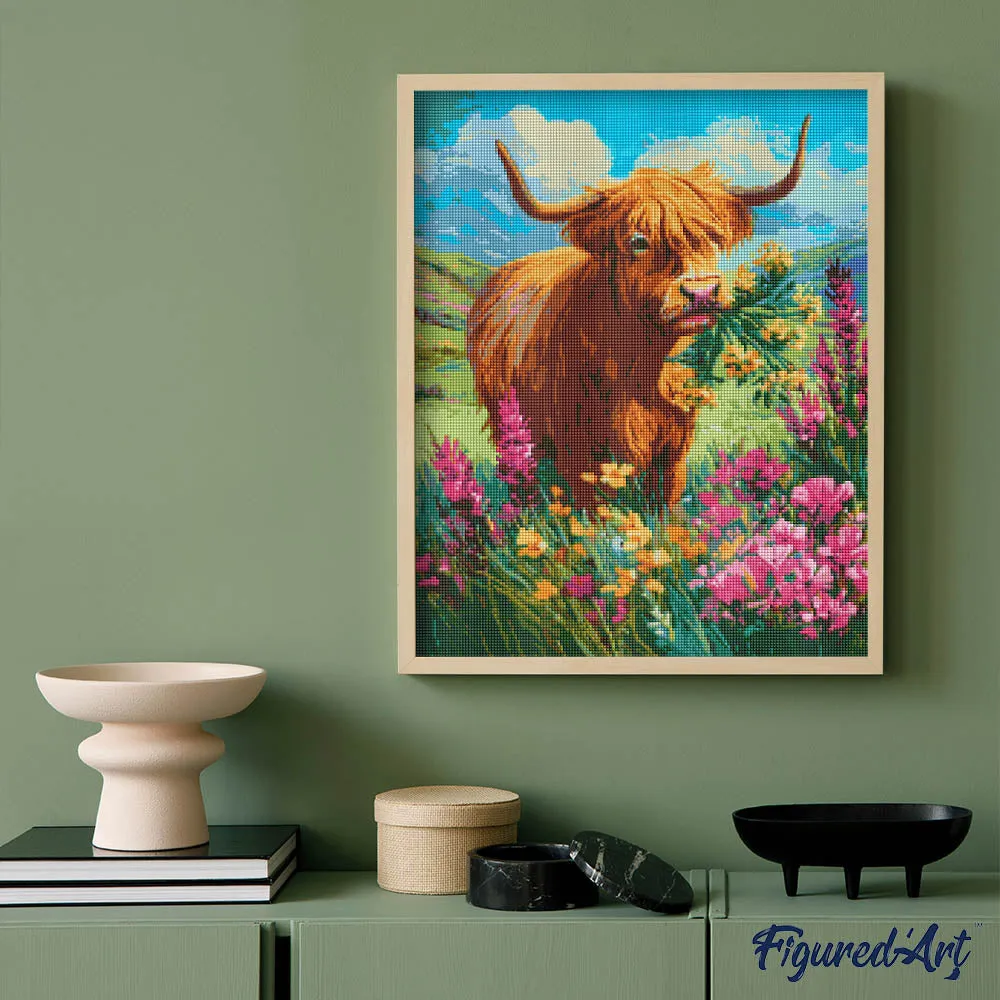 Figured'Art Schotse Hooglander diamond painting bloemenzee 40x50cm