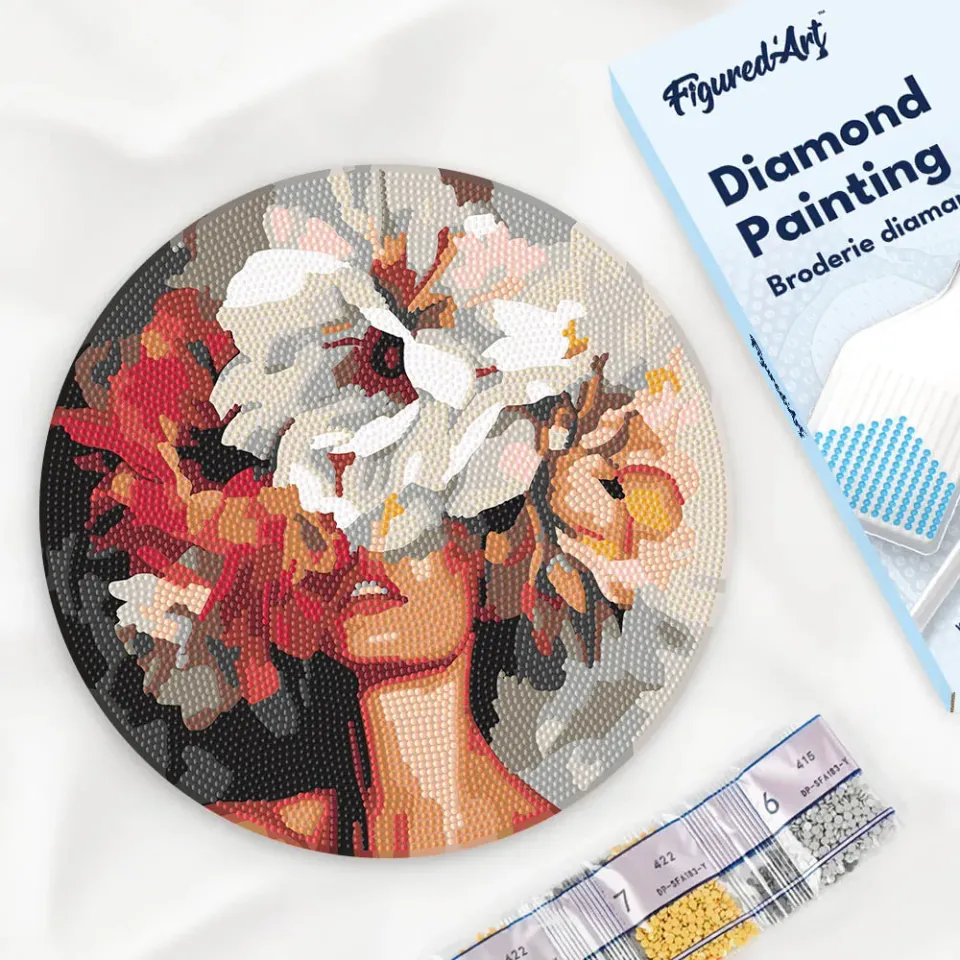 Figured'Art Schoonheid achter Bloemen diamond painting hout Ø30cm bloemen