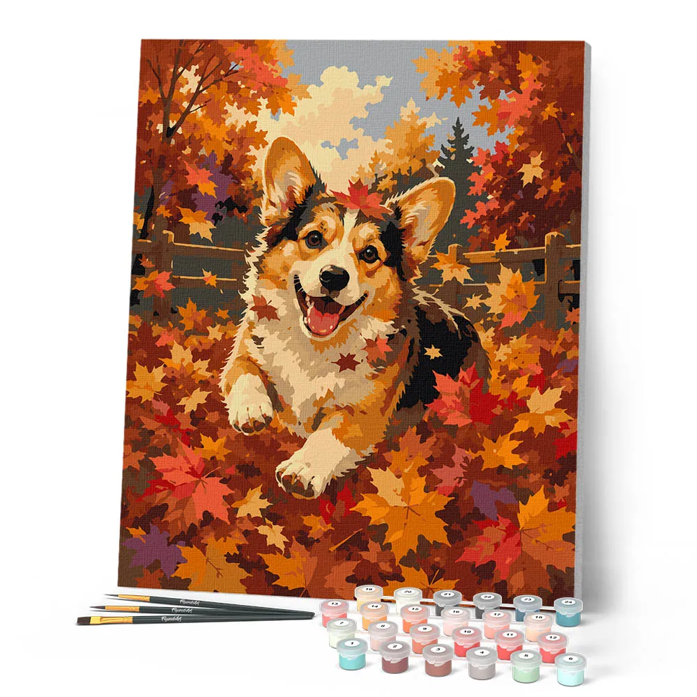 Figured'Art Vrolijke Corgi in Herfstbladeren schilderen op nummer 40x50 cm