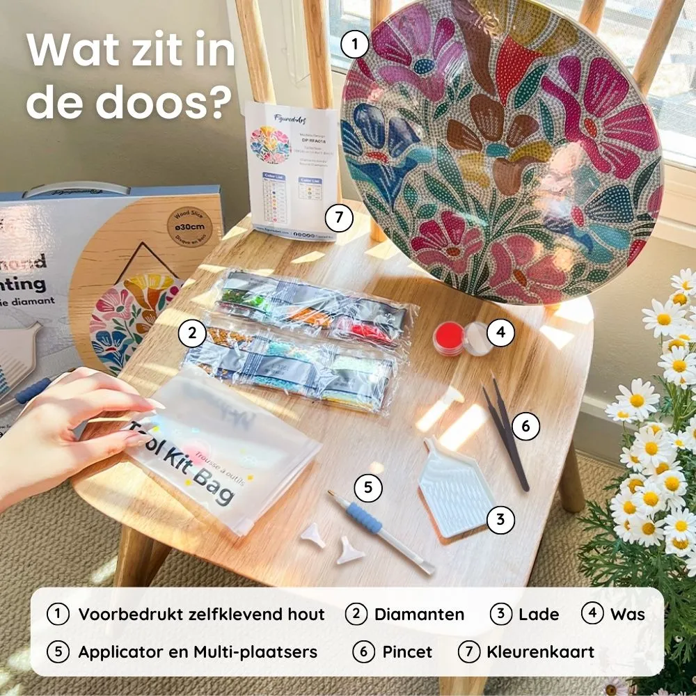 Figured'Art Madeliefjes diamond painting hout 30 cm rond full drill