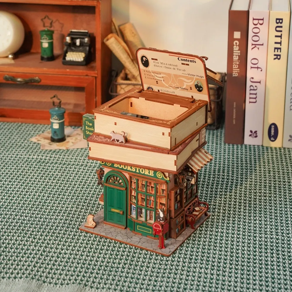 Figured'Art Tijd Boekwinkel miniatuurhuisje 24,5cm hout met LED
