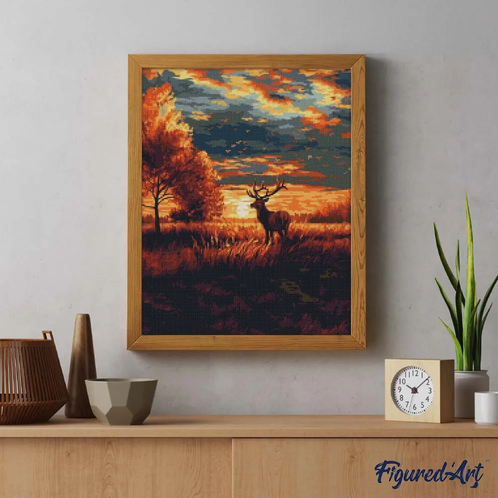 Figured'Art Majestueus Hert bij Herfstzonondergang diamond painting 40x50 cm